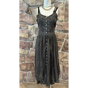 Fairycore Black Embroidered Button-Front Midi Dress